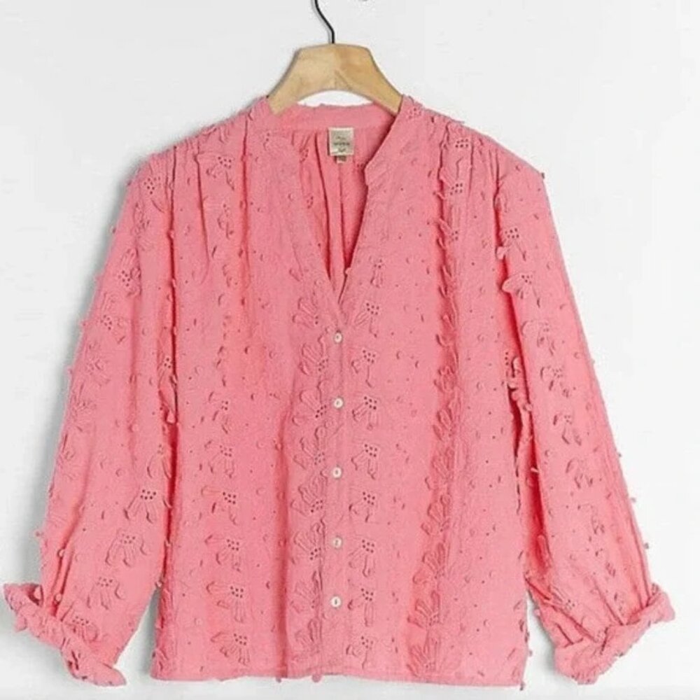 Anthropologie Seen Worn Kept Kathryn Textured Pink Floral Button Down Shirt Top